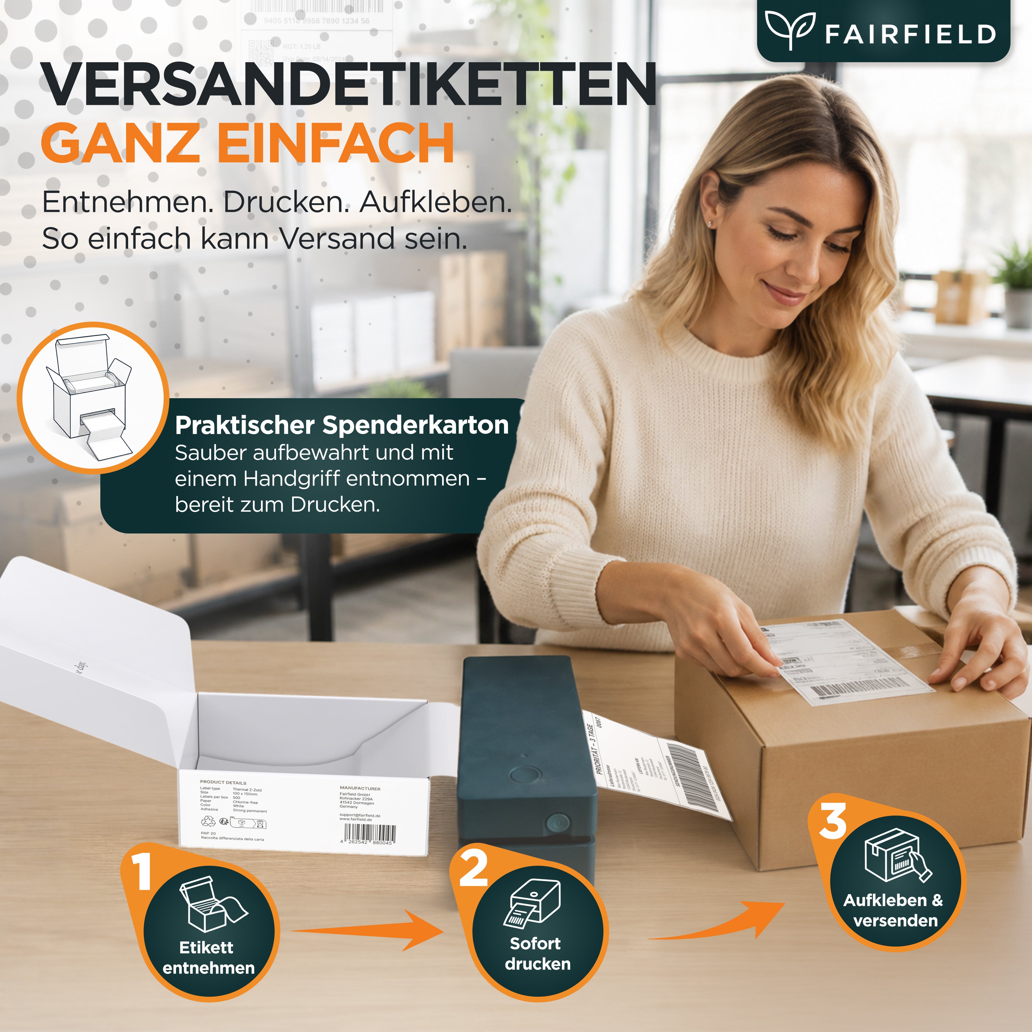 Etiketten zuführen, bedrucken und auf ein Paket kleben
